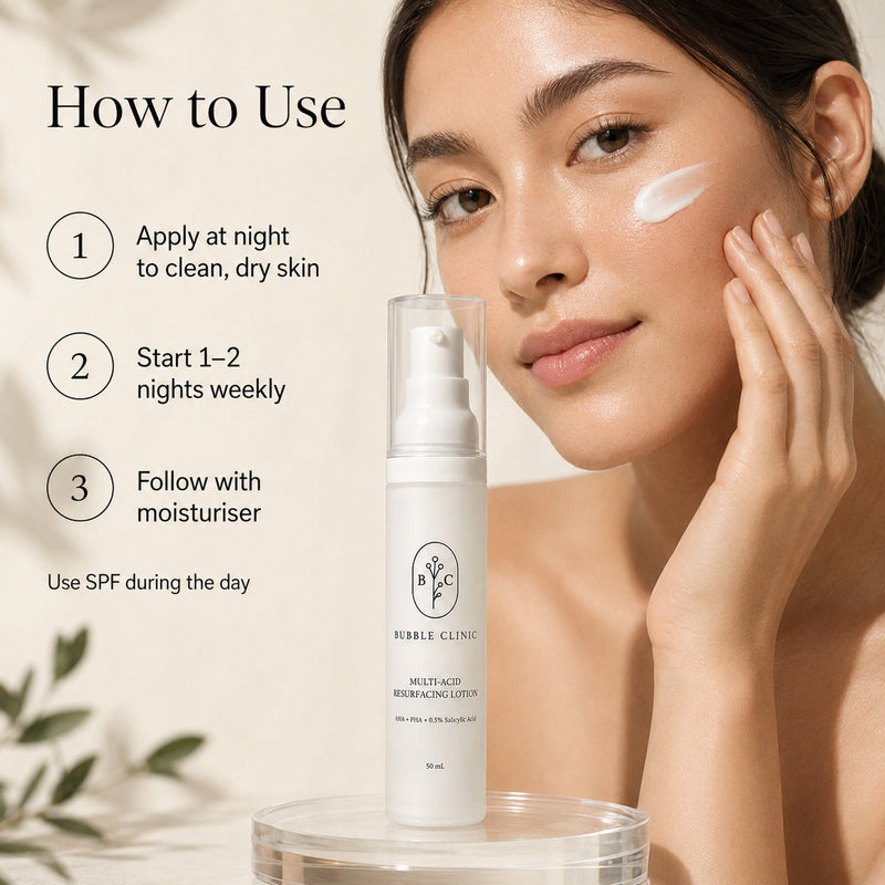 How to use Bubble Clinic Multi-Acid Resurfacing Lotion at night on clean dry skin with moisturiser and daytime SPF