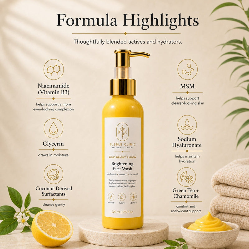 Vitamin C brightening cleanser formula highlights with niacinamide, MSM, glycerine and hyaluronic acid