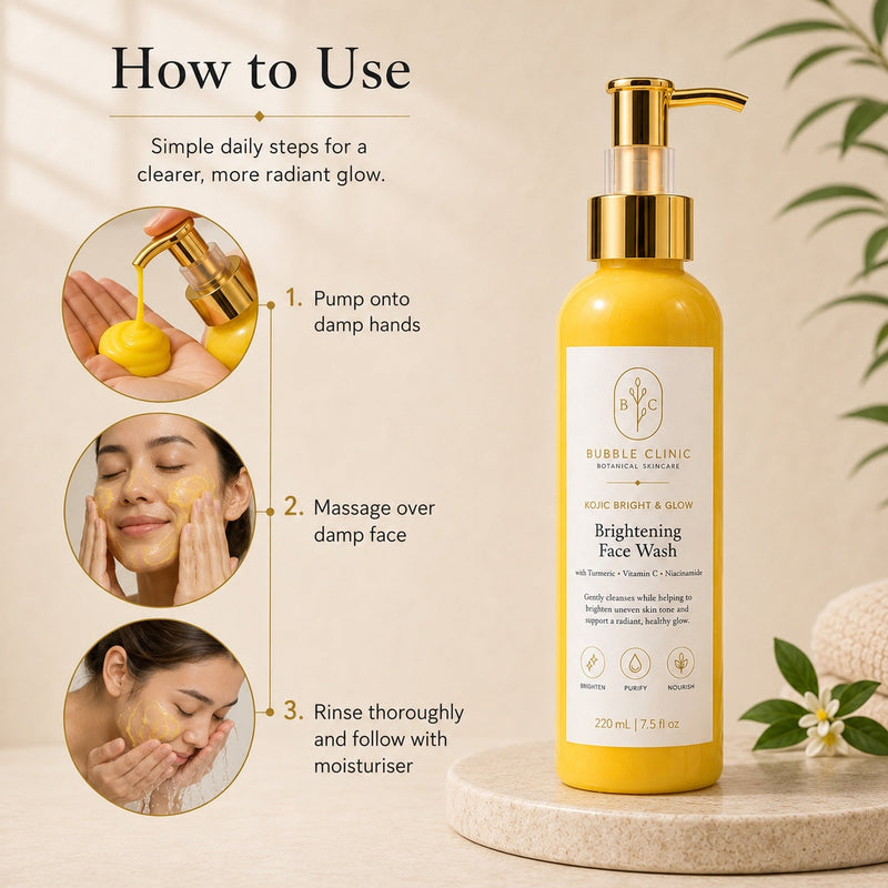 How to use vitamin C turmeric brightening face wash: pump, massage over damp skin and rinse