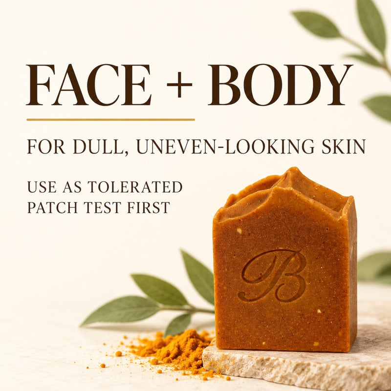 Kojic acid turmeric and carrot soap for face and body use on dull uneven-looking skin