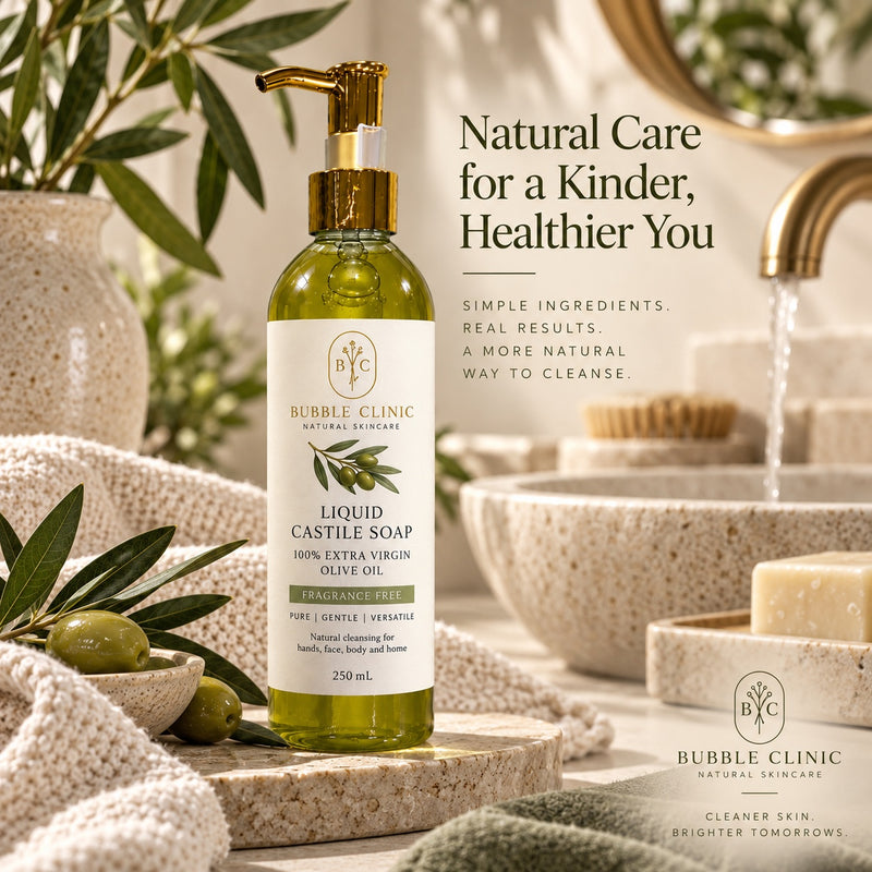 Bubble Clinic olive oil liquid Castile soap in premium bathroom setting