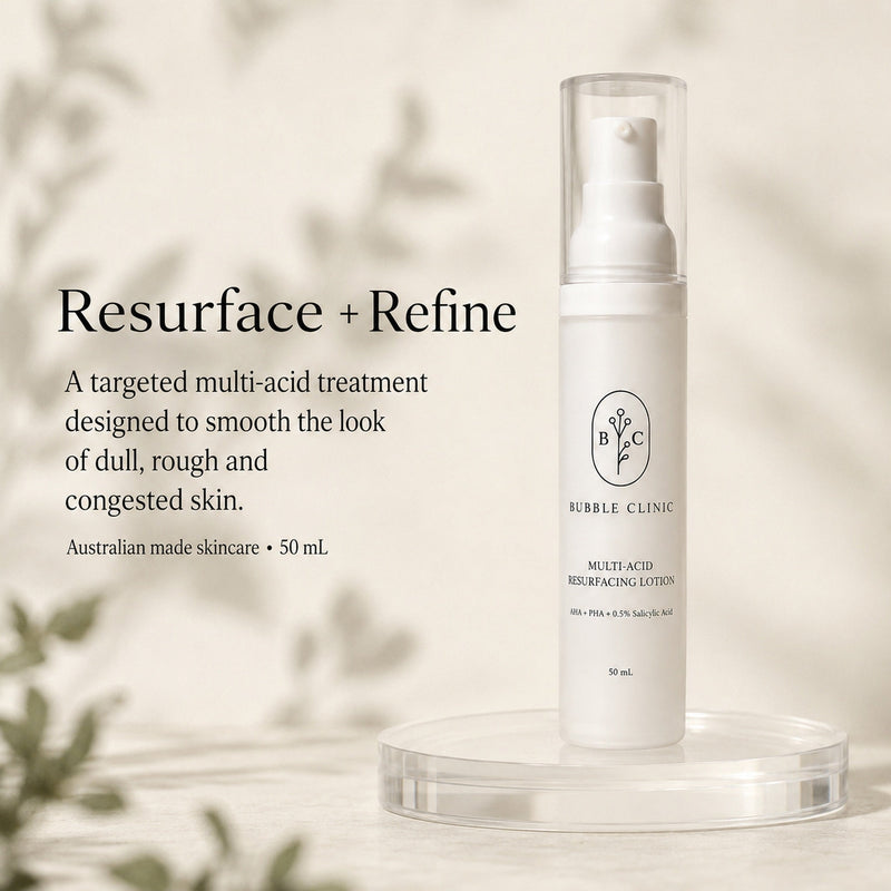Australian made Bubble Clinic Multi-Acid Resurfacing Lotion for dull, rough and congested-looking skin