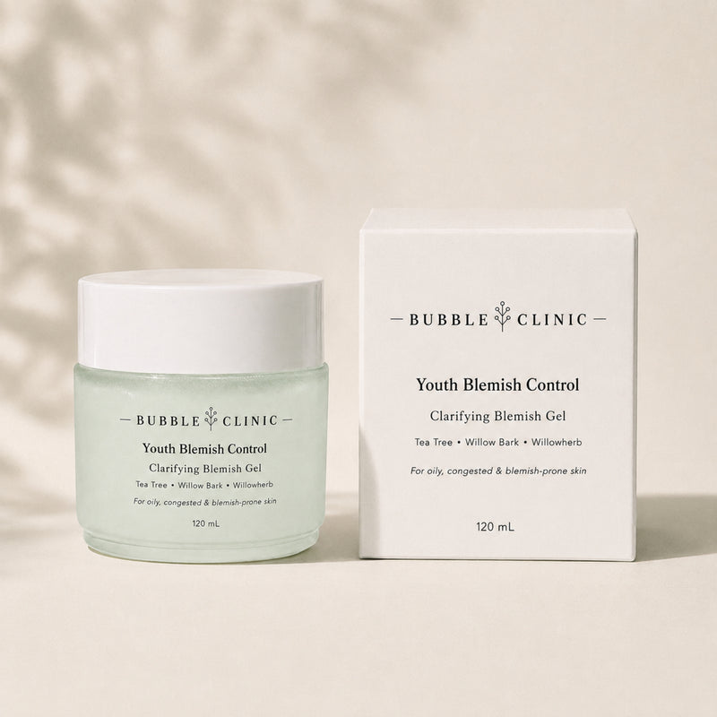 Bubble Clinic Youth Blemish Control Clarifying Gel 120 mL jar and carton with tea tree and willow bark