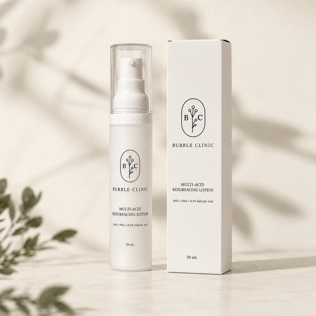 Bubble Clinic Multi-Acid Resurfacing Lotion 50 mL narrow airless bottle with matching skincare carton