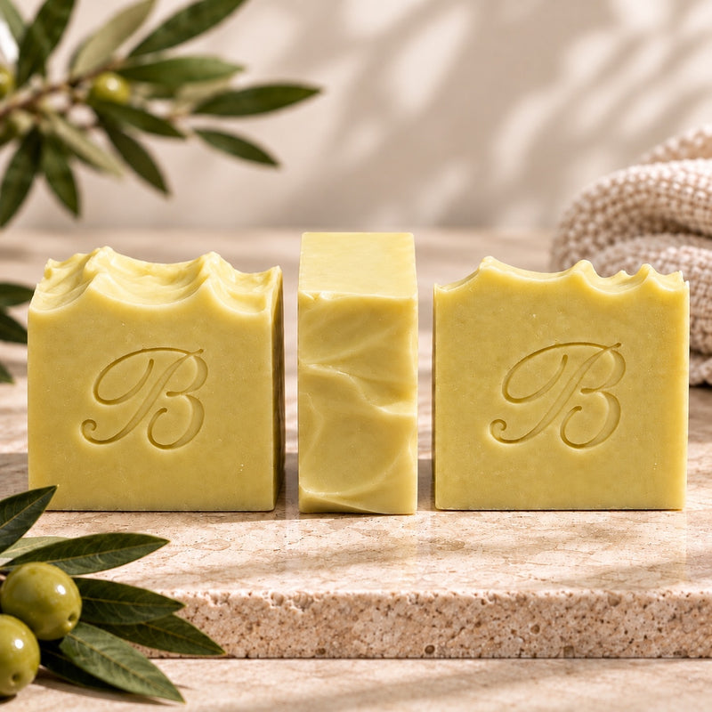 Traditional 100% extra virgin olive oil Castile soap shown front and side views