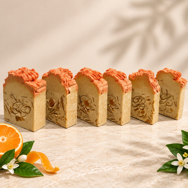 Tangerine peach 10% sulphur soap Australia lineup with volcanic sulphur and MSM handmade bars