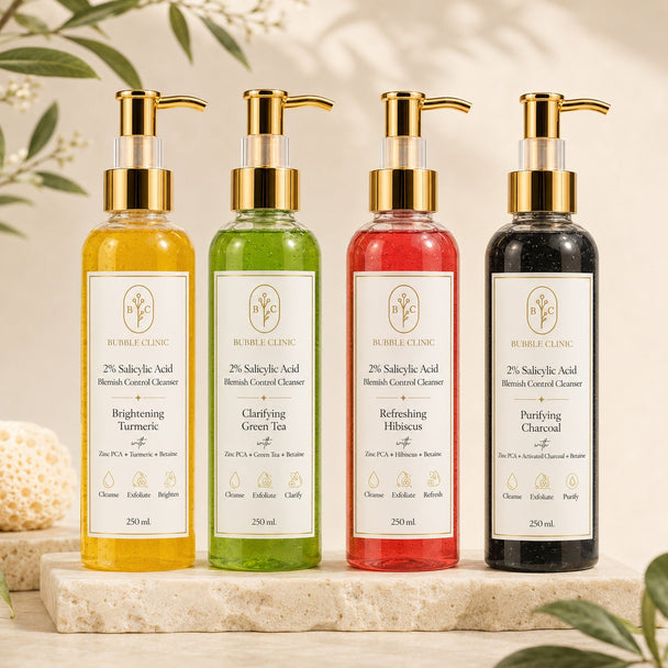 2% salicylic acid cleanser and BHA cleanser range for oily congested blemish-prone skin with turmeric, green tea, hibiscus and charcoal formulas