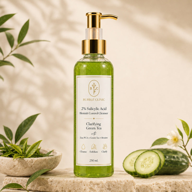 Clarifying Green Tea 2% salicylic acid cleanser and exfoliating face wash for oily congested skin with Zinc PCA, green tea and betaine