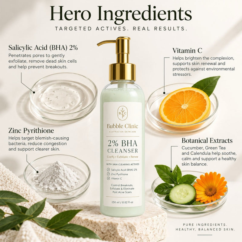 Salicylic acid BHA 2% zinc pyrithione vitamin C cucumber green tea and calendula cleanser ingredients