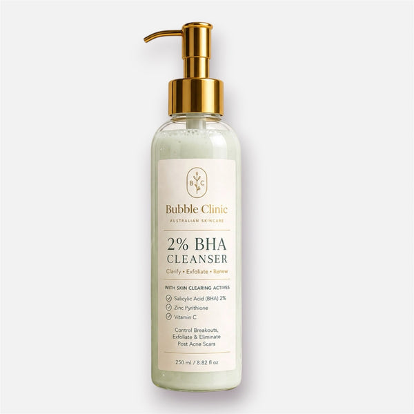 Bubble Clinic 2% salicylic acid BHA cleanser with zinc pyrithione 250 mL on clean white background