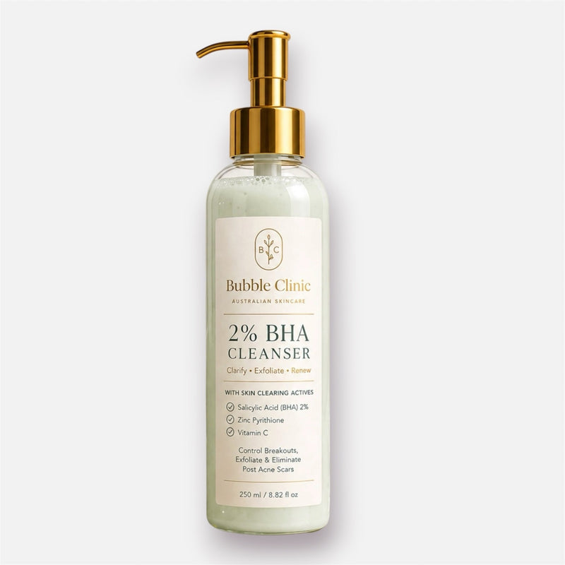 Bubble Clinic 2% salicylic acid BHA cleanser with zinc pyrithione 250 mL on clean white background