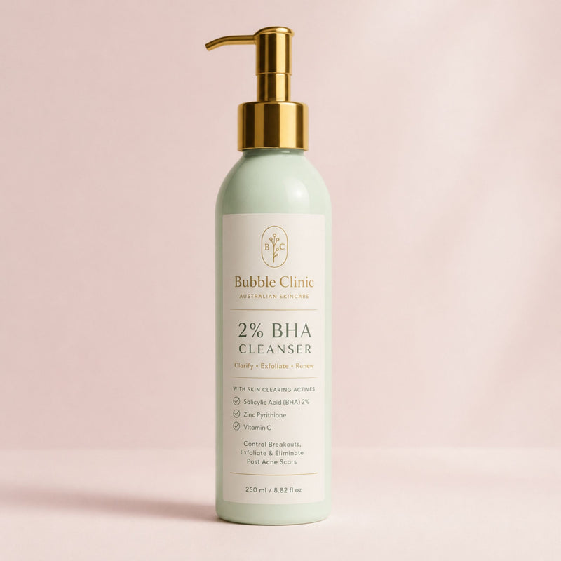 Sage green bottle of Bubble Clinic 2% BHA and Zinc Pyrithione Facial Cleanser