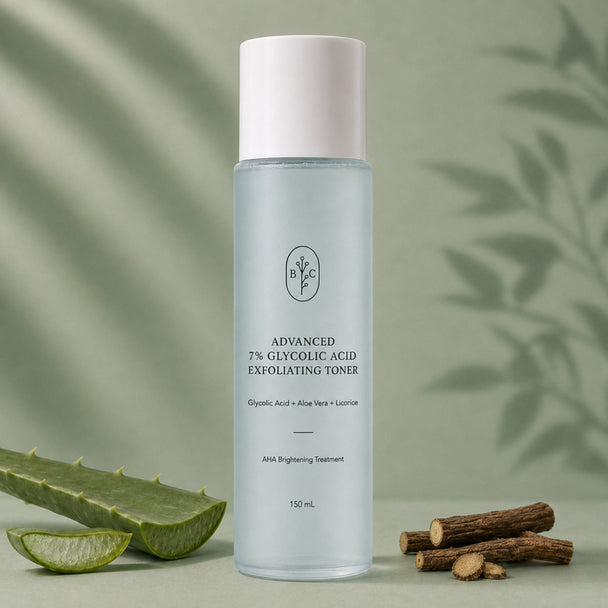 7% glycolic acid exfoliating toner 150 mL on polished muted sage backdrop – Bubble Clinic Australia