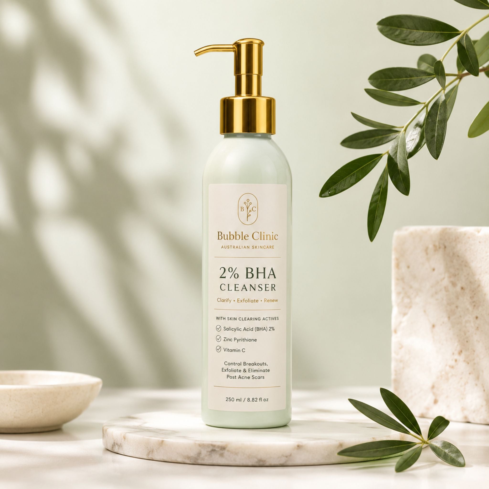 Bubble Clinic 2% BHA and Zinc Pyrithione Facial Cleanser on a marble pedestal