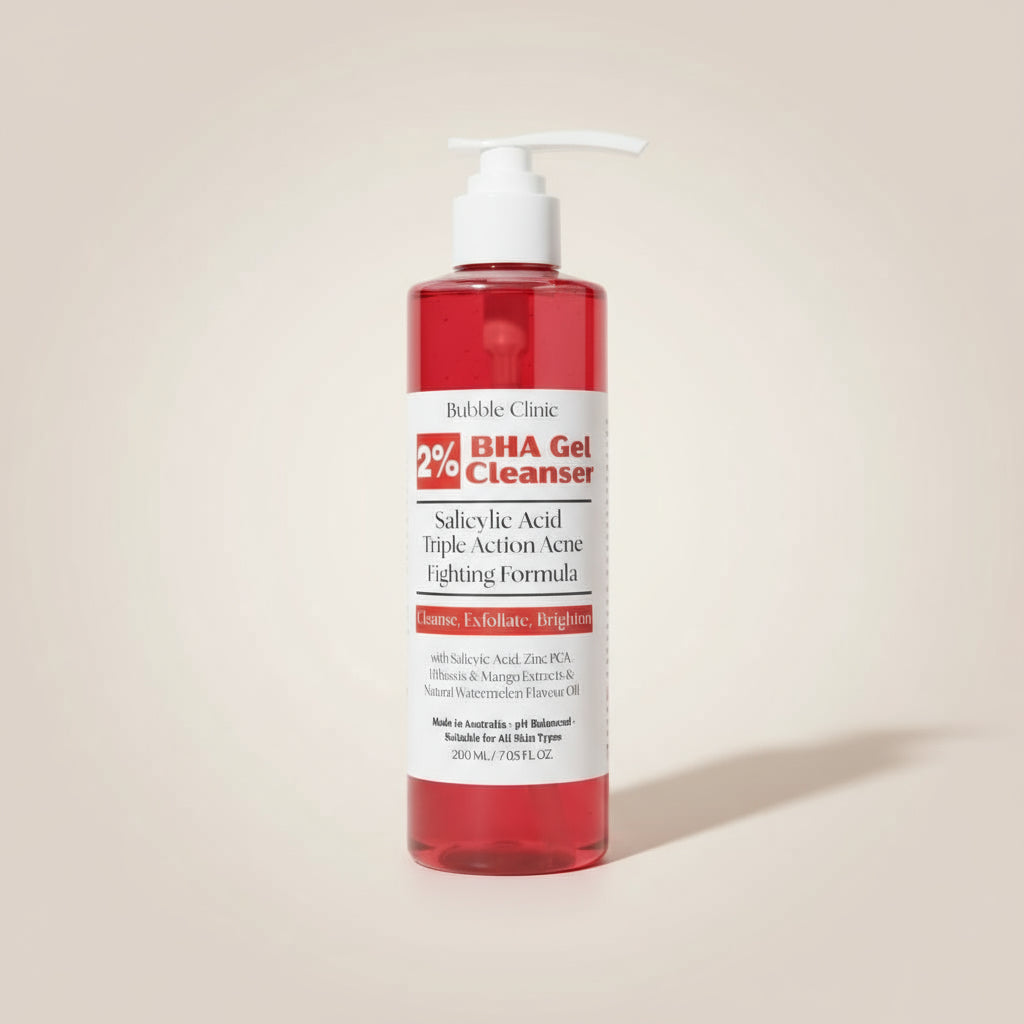 Red bottle of BHA 2 % salicylic acid Gel Cleanser with pump on a beige background representing best Australian acne skincare