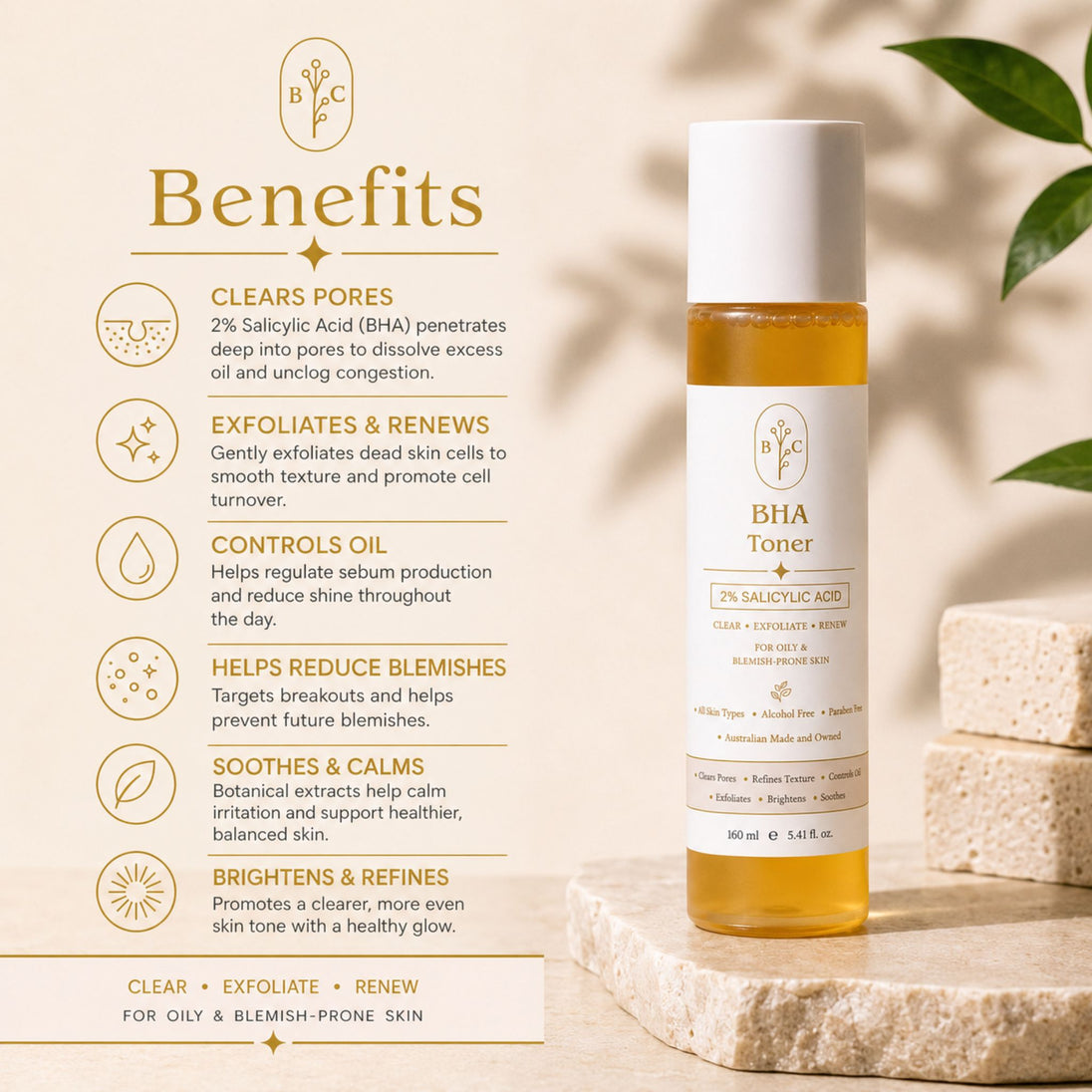 Bubble Clinic BHA Toner benefits infographic featuring 2% Salicylic Acid to unclog pores, exfoliate dead skin, control excess oil, reduce blemishes, soothe skin and refine texture for oily and blemish-prone skin.