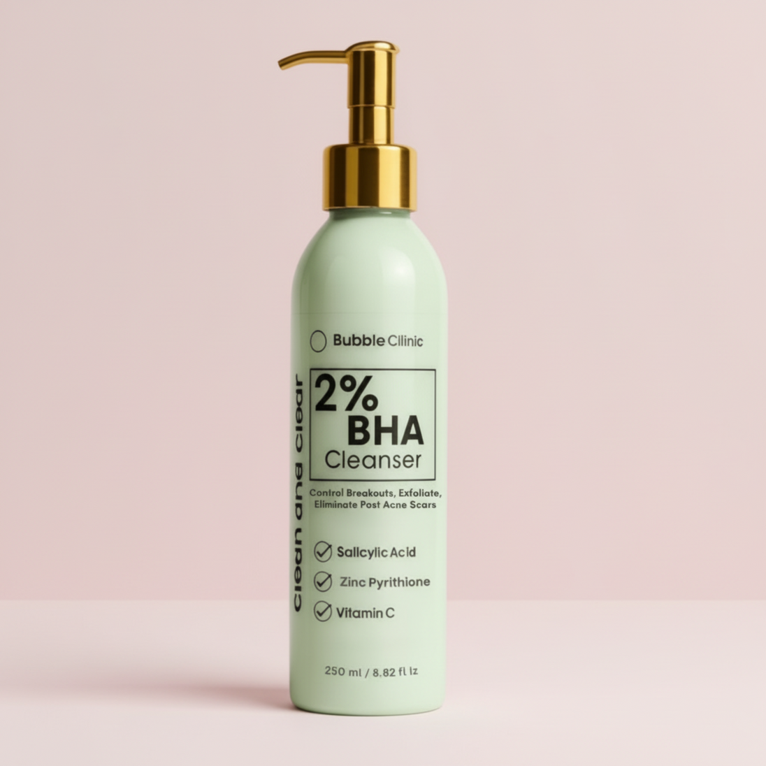 Salicylic acid cleanser with zinc pyrithione and vitamin c cleanser in Luxury pump bottle with gold pump and black label text listing prominent ingredients in the cleanser.