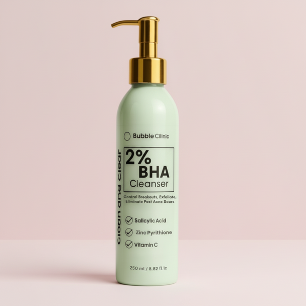 Salicylic acid cleanser with zinc pyrithione and vitamin c cleanser in Luxury pump bottle with gold pump and black label text listing prominent ingredients in the cleanser.