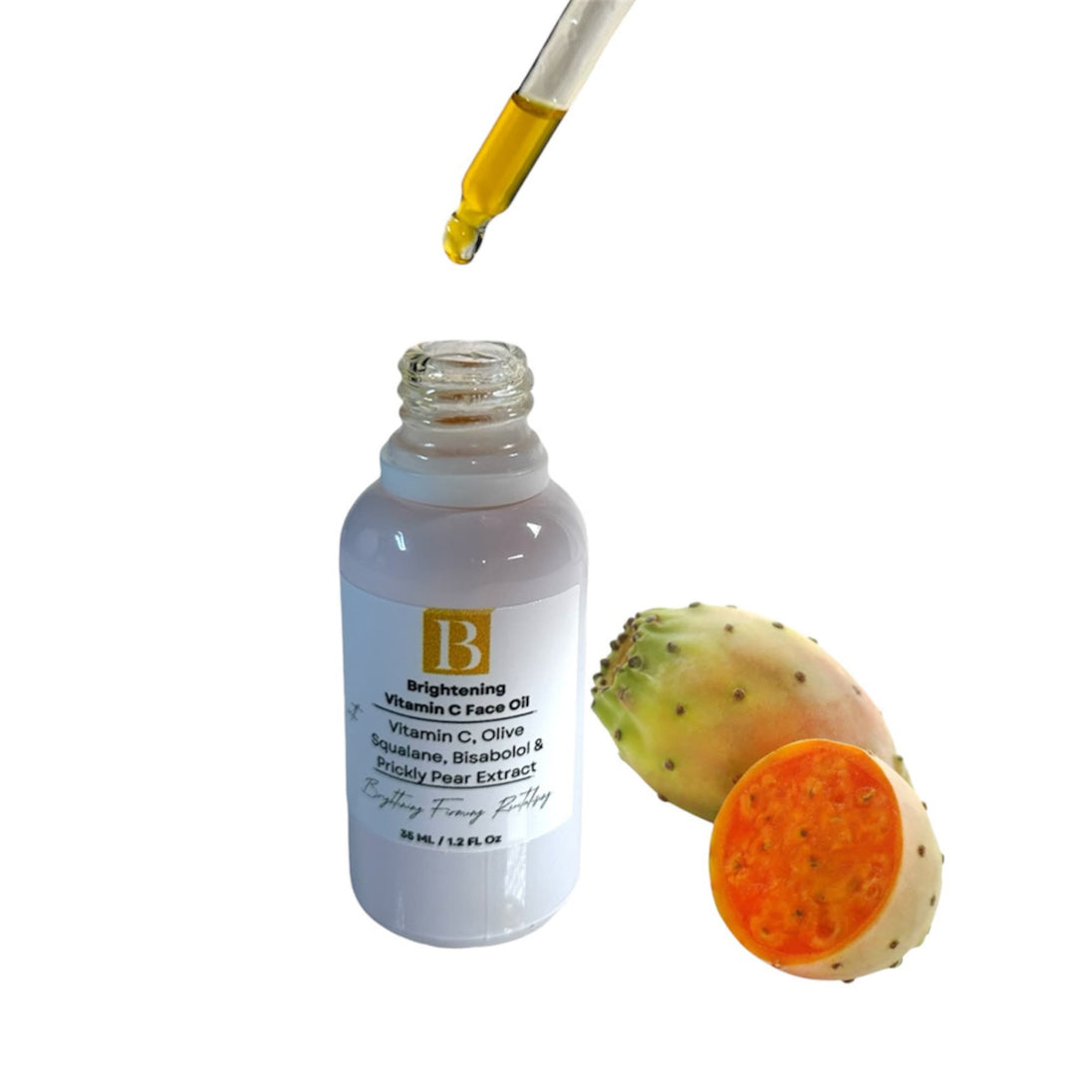 Brightening Vitamin C face oil with dropper over serum bottle, showing vibrant orange oil and prickly pear, highlighting brightening and nourishing properties.