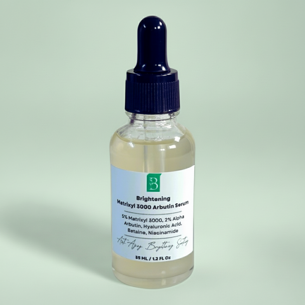 Bottle of Brightening matrixyl 3000 and Alpha Arbutin Serum with dropper on a beige background representing best Australian dark spots moisturizing serum.