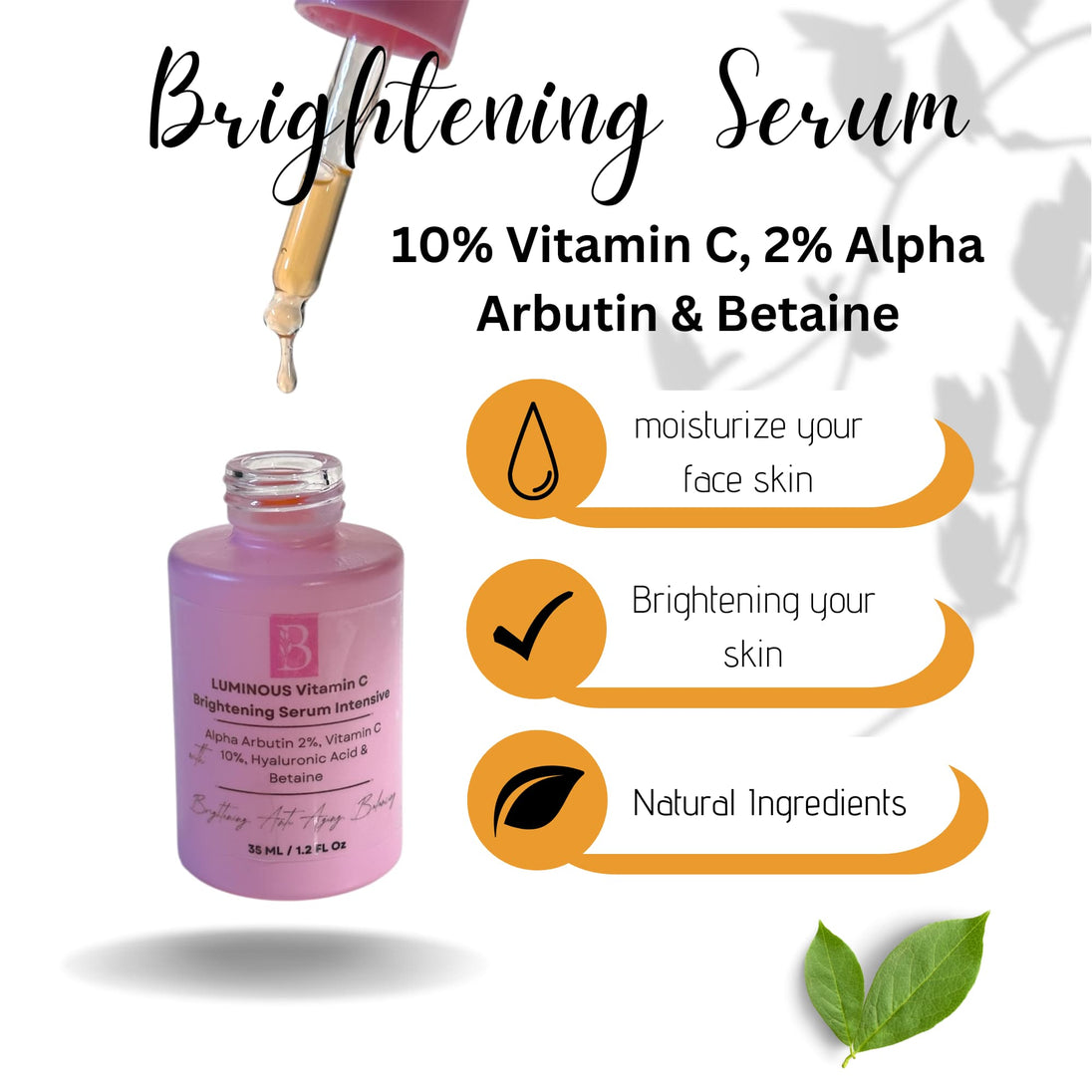 Vitamin C serum for face with Alpha Arbutin in pink dropper bottle – brightening and dark spot corrector surrounded by botanicals on white background.
