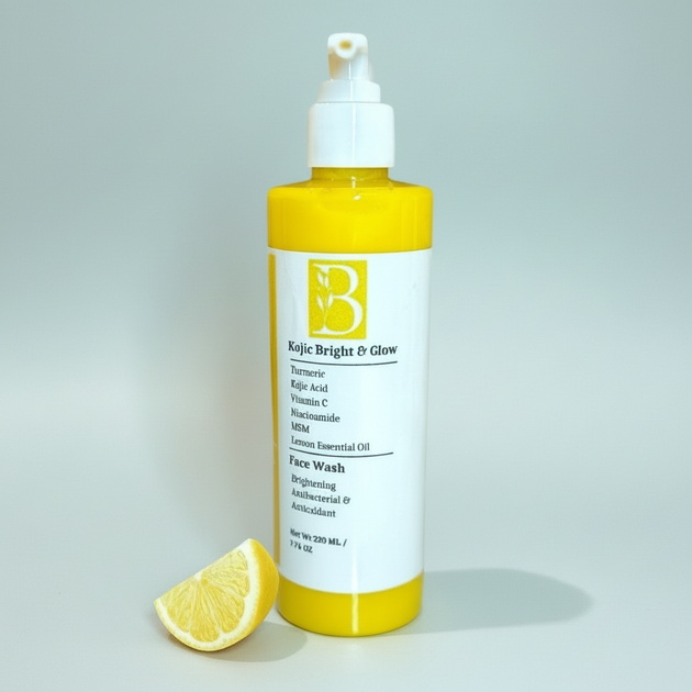 Bottle of Brightening turmeric kojic acid face wash in a biodegradable pump bottle with bright yellow turmeric cleanser, organic lemon on grey background representing best brightening cleanser Australian made.