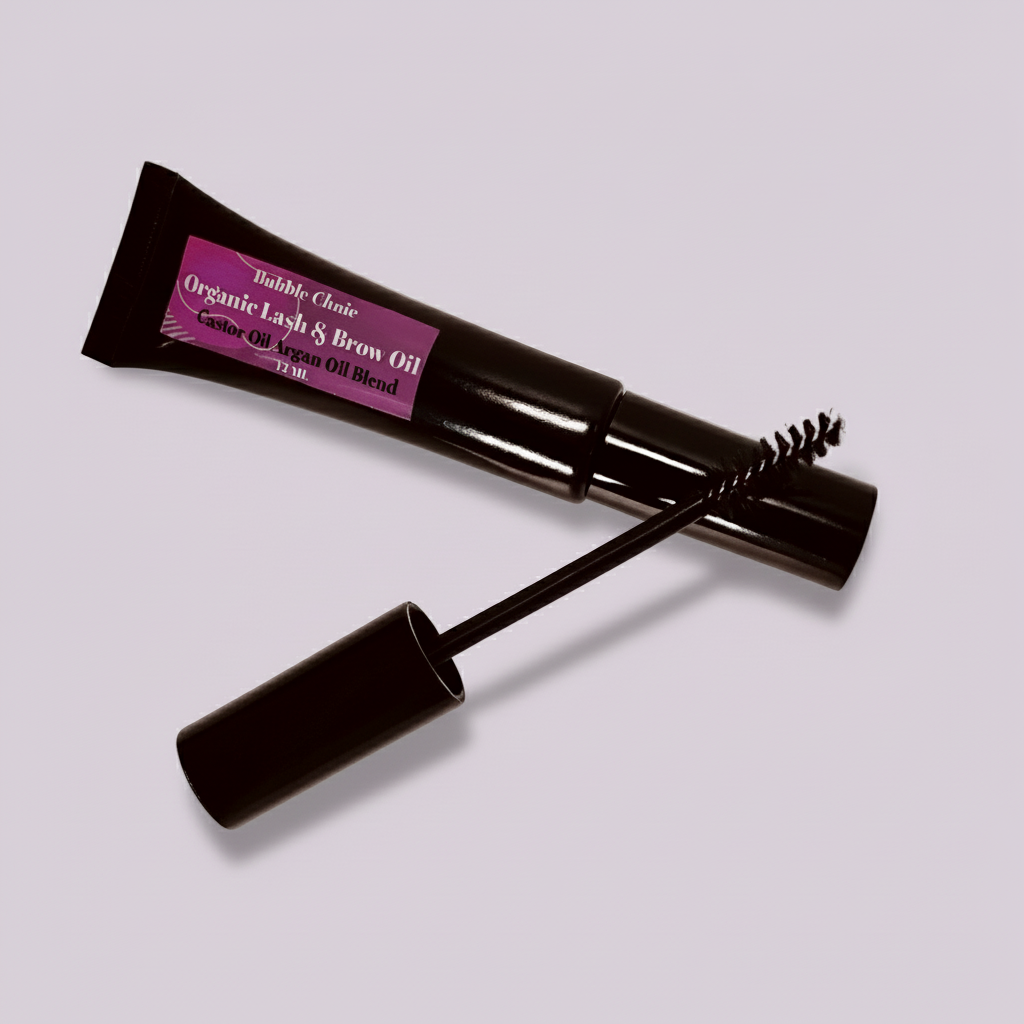 Brow and lash natural hair growth castor oil, Amla Oil, Moringa oil with applicator on a lilac background