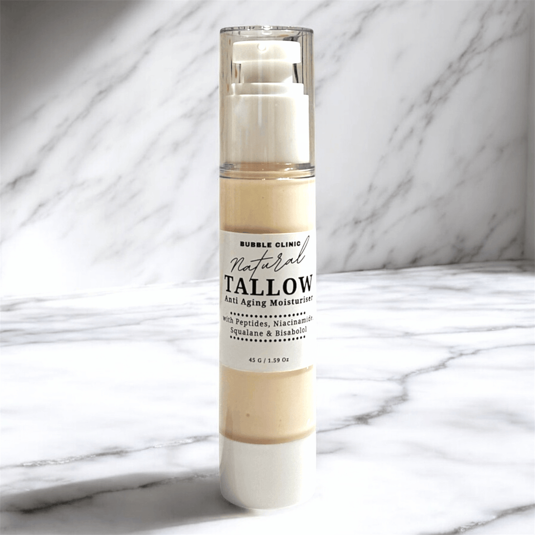 Tallow anti-aging Skincare bottle labeled 'Tallow' with squalane, peptides, bisabolol and niacinamide on a marble background representing natural Australian Skincare.