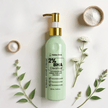 Transluscent Bottle of BHA Cleanser with gold pump revealing soft green colour and texture of BHA cleanser with zinc pyrithione on a white background with green leaves and flowers representing best acne skincare Australian made.