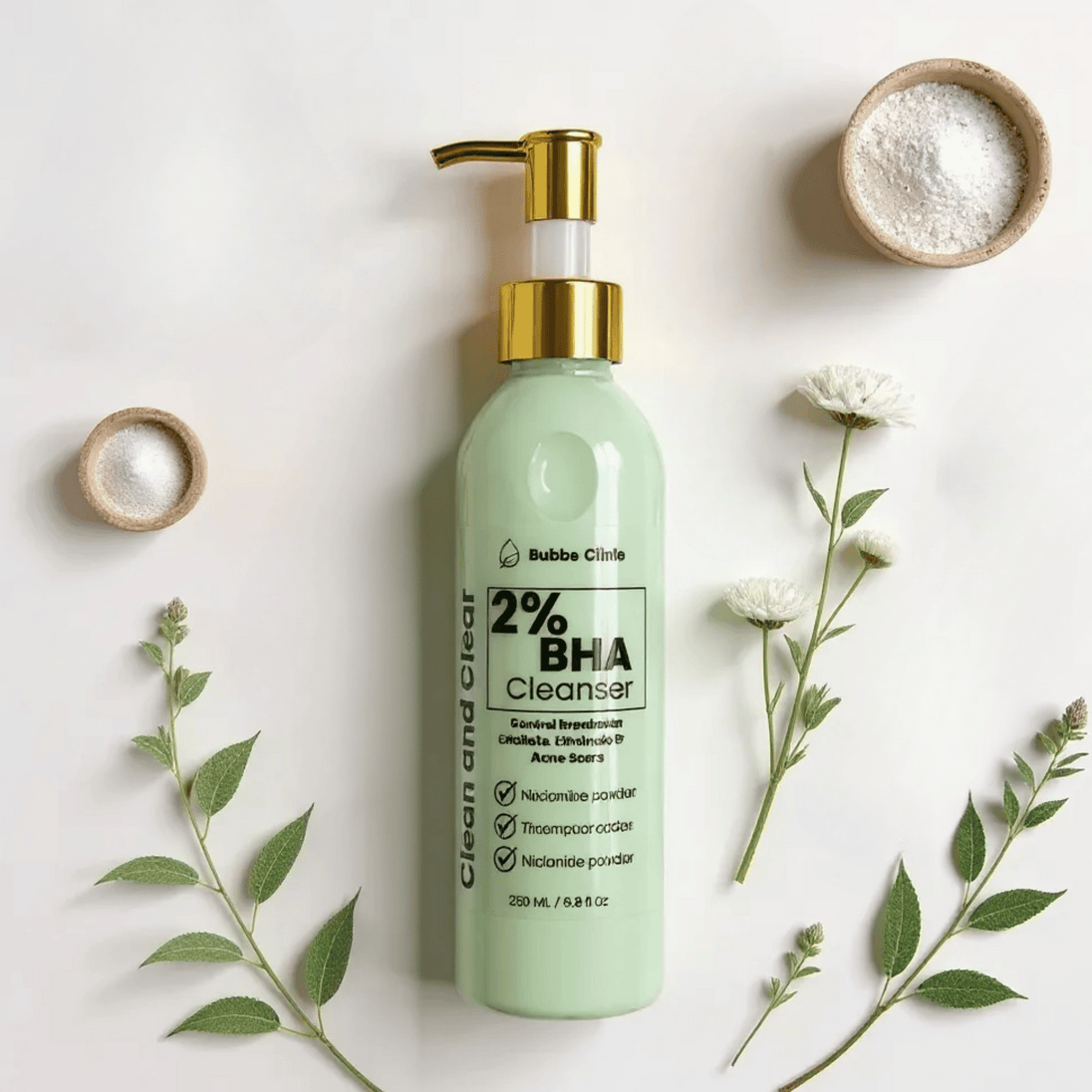 Transluscent Bottle of BHA Cleanser with gold pump revealing soft green colour and texture of BHA cleanser with zinc pyrithione on a white background with green leaves and flowers representing best acne skincare Australian made.
