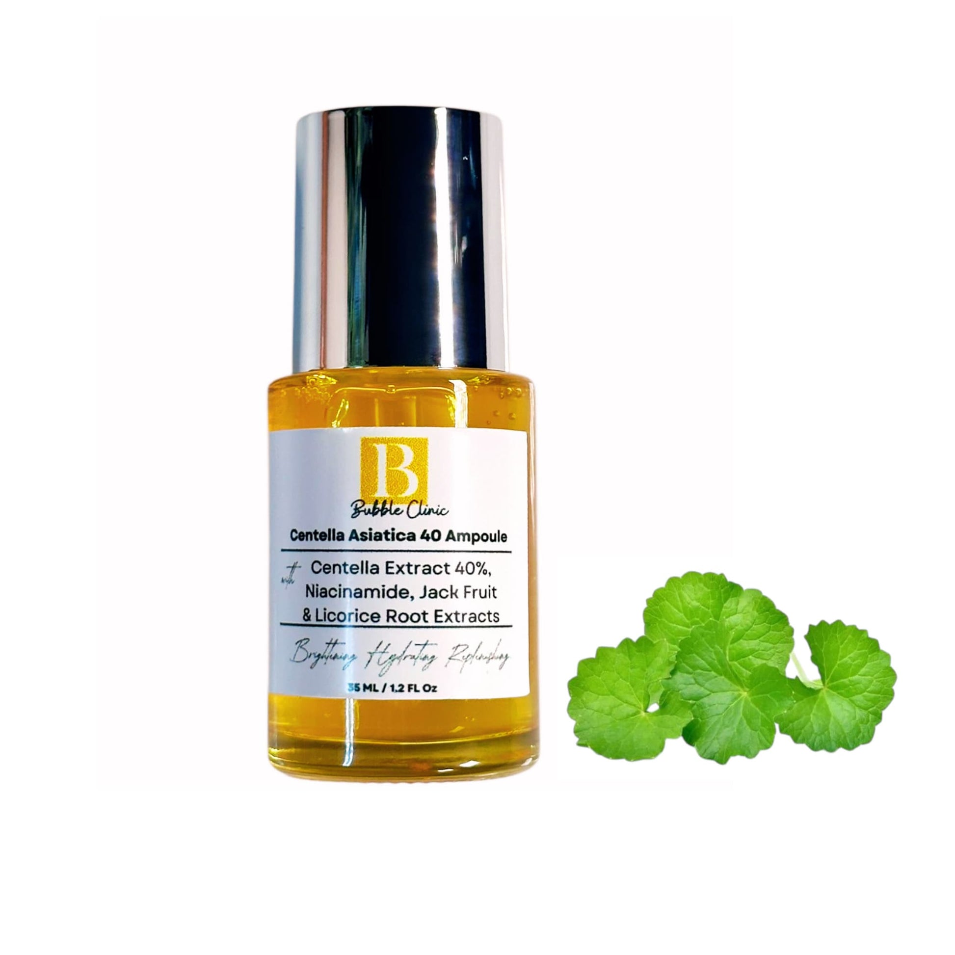 Centella Asiatica 40 Ampoule displayed on a pure white background, accented with fresh centella leaves in the foreground to highlight its natural, calming and skin-repairing properties.