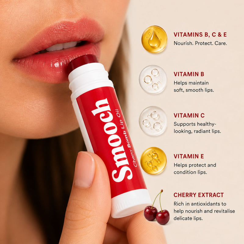 Smooch Cherry Bomb tinted lip oil with vitamins B, C and E and cherry kernel oil for conditioning lip care