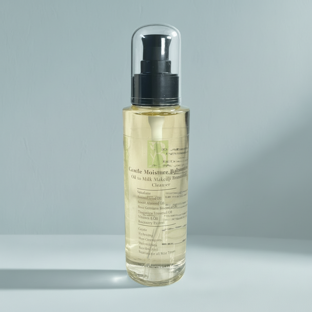 Glass bottle nourishing cleansing oil with Squalene and Bisabolol - makeup remover skin nourising one step cleanser natural clean Australian skincare on light background representing best Australian cleansing oil.