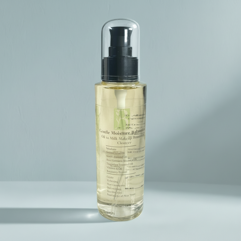 Bubble Clinic Nourishing Squalane and Sweet Almond Cleansing Oil in a glass pump bottle on a light studio background.