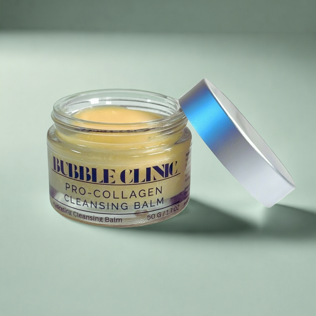 Jar of Bubble Clinic natural Pro-Collagen Cleansing Balm with a white lid on a beige background