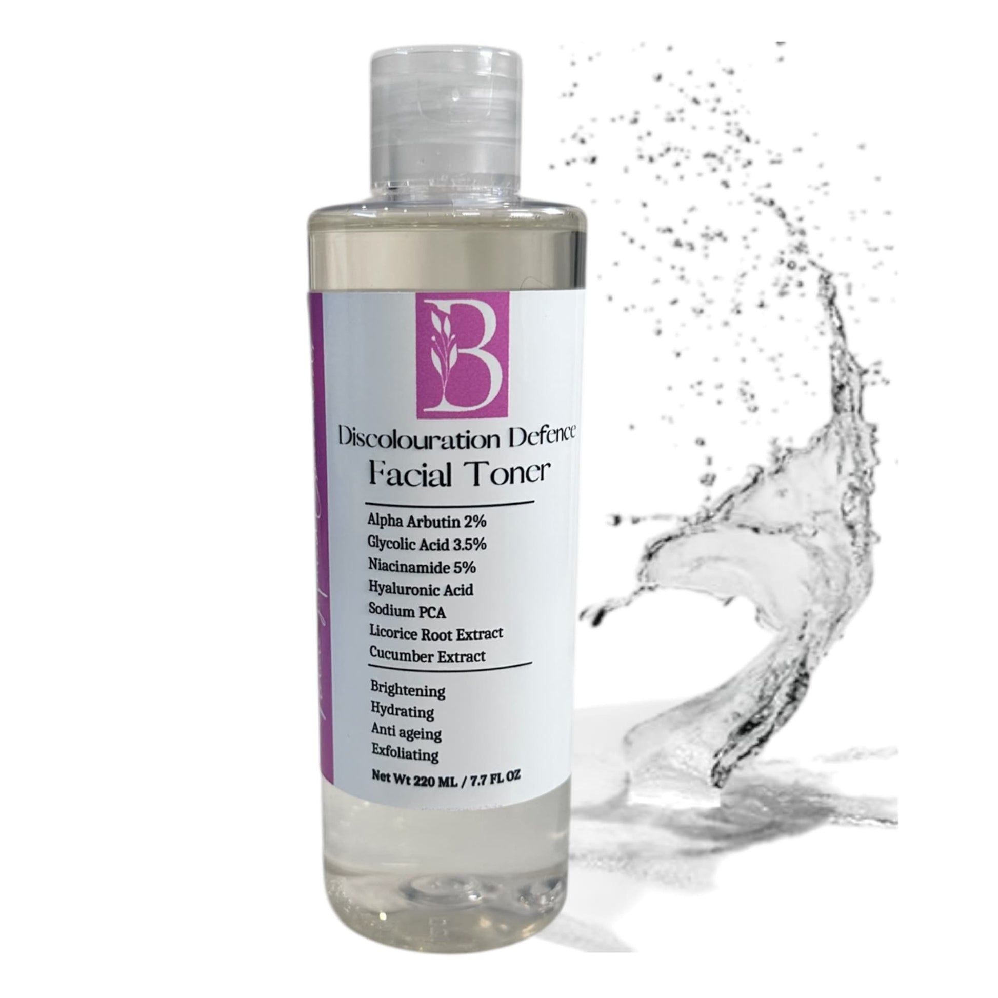 Clear bottle of Discolouration Defence Toner with a splash of transparent formula on a white background.
