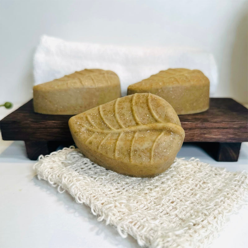 Handcrafted leaf-shaped sulphur and MSM soap bars with emu oil