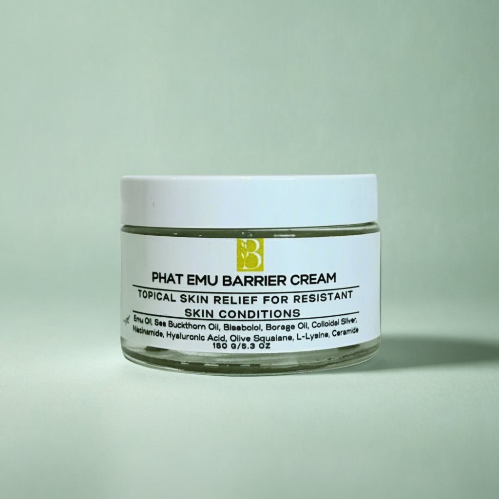 Jar of Phat Emu, emu oil Barrier Cream for eczema and troubled skin on a green background representing best natural Australian eczema cream