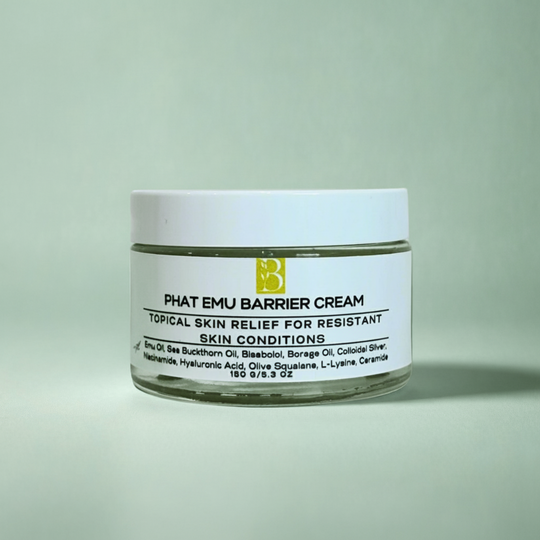 Jar of Phat Emu, emu oil Barrier Cream for eczema and troubled skin on a green background representing best natural Australian eczema cream