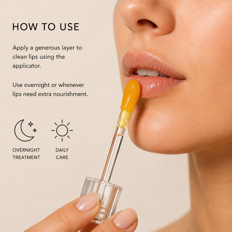 Applying turmeric bakuchiol lip mask with applicator for daily care or overnight lip treatment