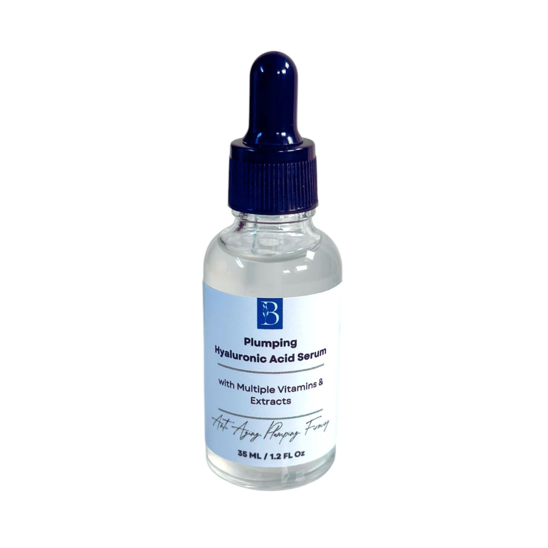 Clear serum bottle of Plumping Hyaluronic Acid Serum displayed against a white background, highlighting its clean, natural formulation and simple aesthetic.