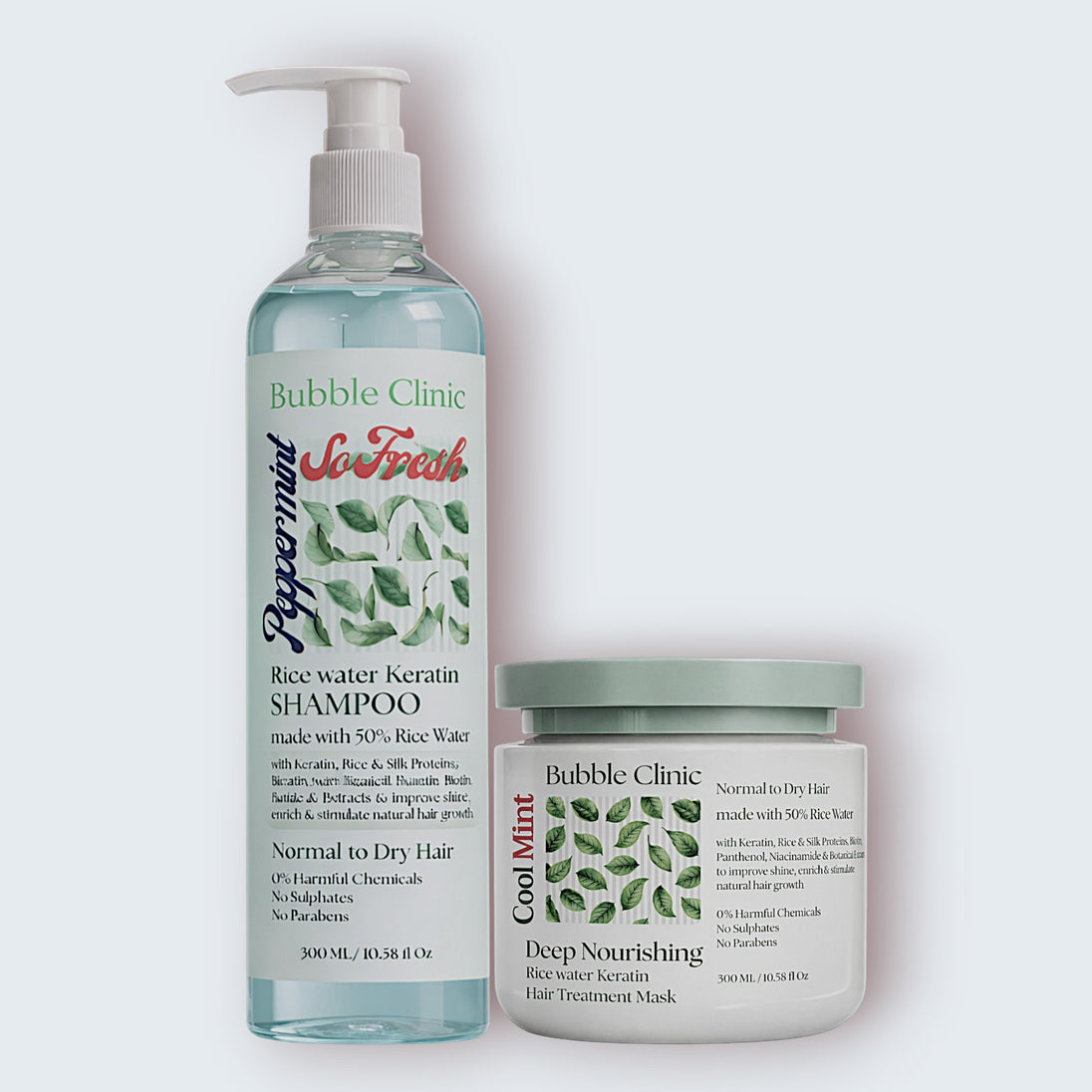 Bubble Clinic rice water and keratin botanical shampoo and hair mask on a white background - best australian natural, sulfate free haircare.