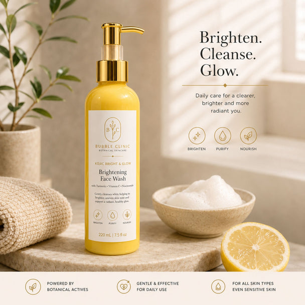 Luxury Bubble Clinic brightening lemon, turmeric and Kojic acid cleanser with vitamin c facial cleanser with gold pump bottle, lemon, turmeric and minimalist skincare styling.