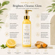 Bubble Clinic Brightening Face Wash benefits infographic featuring Kojic Acid, Turmeric, Vitamin C and Niacinamide for brighter, hydrated and healthy-looking skin.