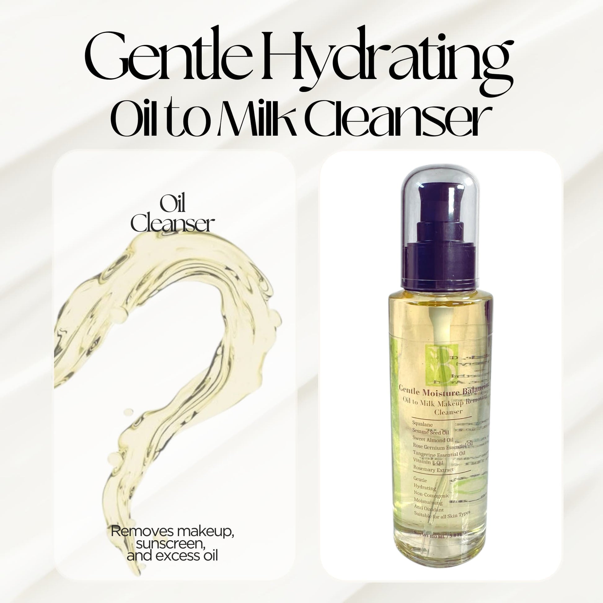 Split image of oil cleanser bottle and oil splash – lightweight oil-to-milk formula that removes makeup, sunscreen, and excess oil without stripping skin