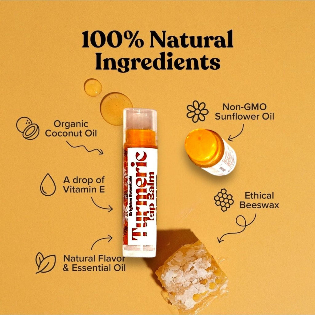 turmeric lip balm tubes with listed natural ingredients including non gmo sunflower oil, organic coconut oil, natural flavour oil and ethical beeswax.