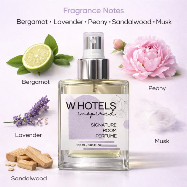 W Hotels inspired luxury room spray fragrance with bergamot, lavender, peony and sandalwood on marble background – hotel style home fragrance mist
