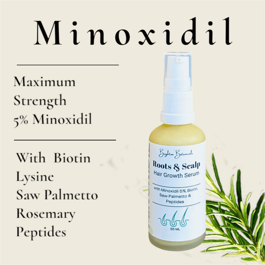 Glass lotion bottle of Minoxidil Maximum Strength 5% Serum with listed actives Biotin, L-Lysine, Saw Palmetto, Rosemary, and Peptides, surrounded by fresh rosemary sprigs in the foreground.