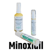 Large and small bottles of Minoxidil Serum against a white background with bold wording 'Minoxidil' in the background.