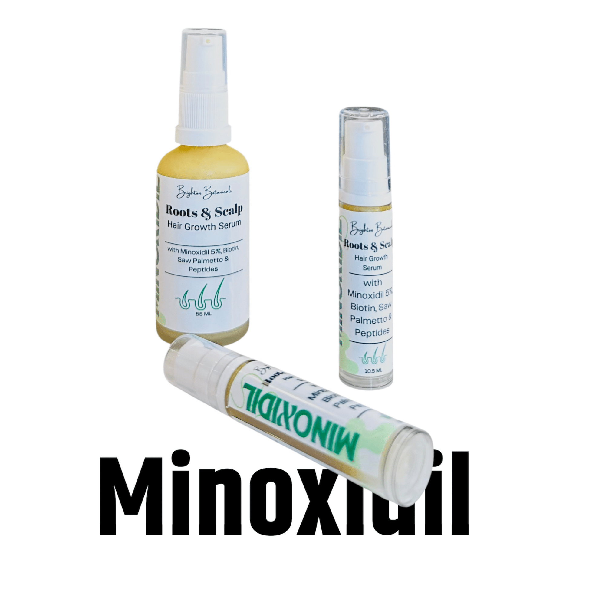 Large and small bottles of Minoxidil Serum against a white background with bold wording 'Minoxidil' in the background.